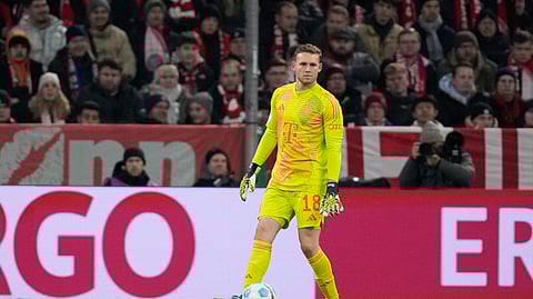 Bayern's goalkeeper Daniel Peretz controls the ball during a German Cup