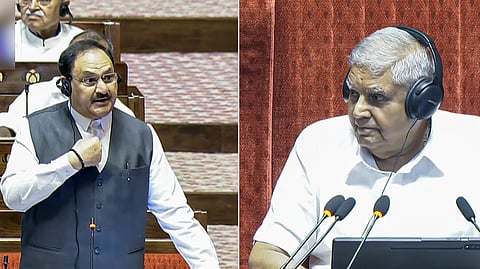 Rajya Sabha chairman Jagdeep Dhankhar listens to Leader of the House JP Nadda during the Monsoon Session of the Parliament in New Delhi on Monday, July 21.