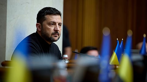 President of Ukraine Volodymyr Zelenskyy attends the parliament session in Kyiv, Ukraine, Thursday, July 17, 2025.