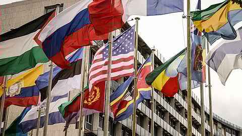 The U.S flag flies among others at the UNESCO headquarters Tuesday, July 22, 2025 in Paris.