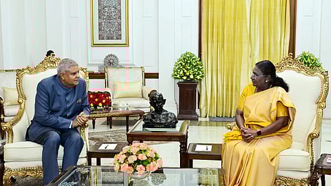 In this photo from June 19, 2025, Vice President Jagdeep Dhankhar meets President Droupadi Murmu at Rashtrapati Bhavan in New Delhi.