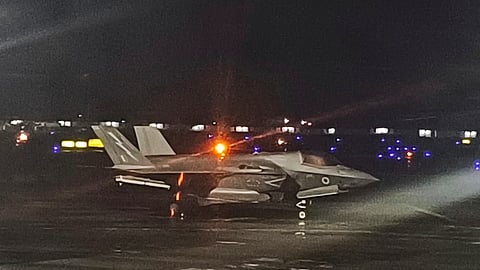 A British F-35B fighter jet, which has been stranded since June 14, 2025, is seen at Thiruvananthapuram International Airport on June 26, 2025.