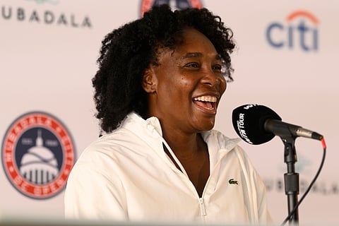 Venus Williams speaks to the media during a news conference at the Citi Open tennis tournament.