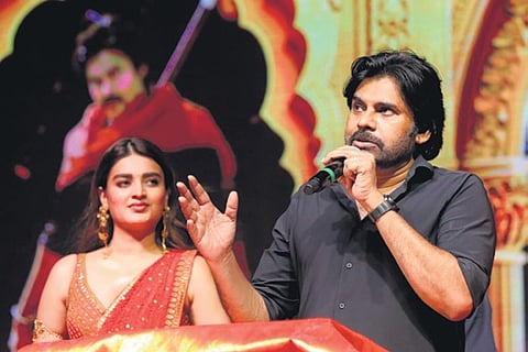 Deputy Chief Minister and actor Pawan Kalyan addressing the audience at the pre-release event of Hari Hara Veera Mallu (Part 1) in Visakhapatnam on Wednesday.