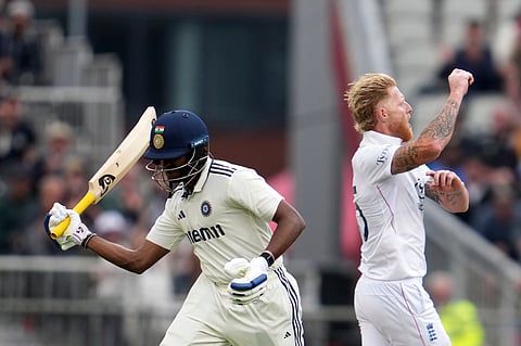 England's captain Ben Stokes, right, celebrates the dismissal of India's Sai Sudharsan, left, during the fourth Test between England and India at Old Trafford, Manchester (Photo | AP)