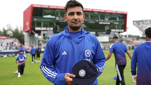 Anshul Kamboj receives his Test cap in Manchester