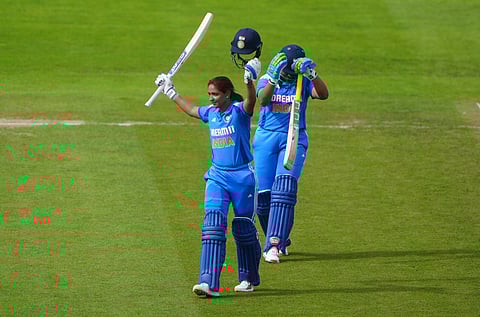 Harmanpreet Kaur celebrates her century during the third women's one day international match at the Banks Homes Riverside, Chester-le-Street, England, Tuesday, July 22, 2025