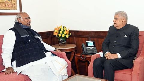 In this photo from Dec. 20, 2024, Rajya Sabha Chairman Jagdeep Dhankhar meets with the Leader of Opposition in Rajya Sabha Mallikarjun Kharge in his chamber at the Parliament House in New Delhi.
