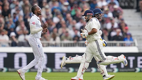 India's Rishabh Pant and Sai Sudharsan run between the wickets on day one of the fourth test cricket match between India and England, at the Old Trafford Cricket Ground, in Manchester, Wednesday, July 23, 2025.