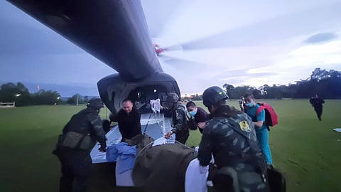 This photo released by the Royal Thai Army, shows an injured Thai soldier who stepped on a land mine being airlifted to a hospital in Ubon Ratchathani province, Thailand, Wednesday, July 23, 2025.