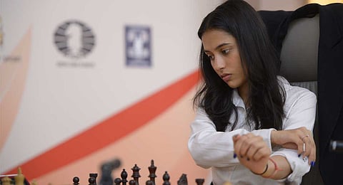 India's Divya Deshmukh reacts during semifinal chess match against China's Tan Zhongyi in FIDE Women's World Cup 2025, in Batumi, Georgia, Tuesday, July 22, 2025.