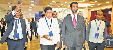 IT & Industries Minister D Sridhar Babu with UAE Minister of Economy and Tourism Abdullah Bin Touq Al Marri during the Investopia Global, an international investment summit, organised at the HICC in Hyderabad on Thursday