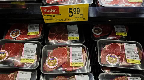 A price for beef is displayed on a shelf at a grocery store in Mount Prospect, Ill., Thursday, July 17, 2025.