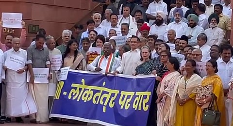 Opposition MPs, including Congress MP Sonia Gandhi, protest at the Parliament's Makar Dwar over the issue of Special Intensive Revision (SIR) of Electoral Rolls in Bihar, July 24, 2025.