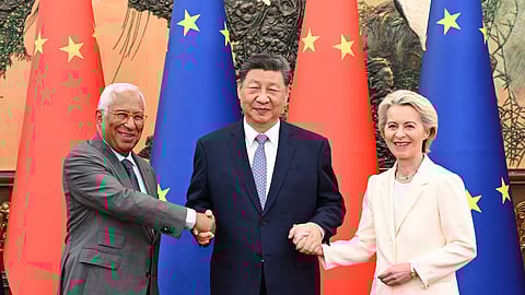 Chinese President Xi Jinping, center, meets with visiting President of the European Council Antonio Costa, left, and President of the European Commission Ursula von der Leyen, right, ahead of the China-EU Summit, at the Great Hall of the People in Beijing, Thursday, July 24, 2025.