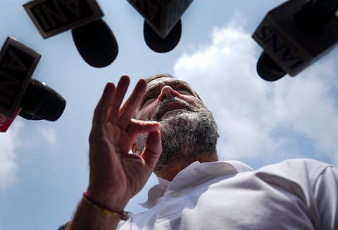 Leader of Opposition in Lok Sabha Rahul gandhi speaks to reporters outside the Parliament.