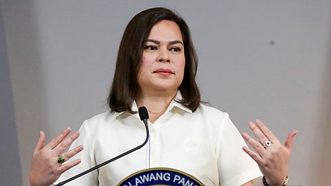 Philippine Vice President Sara Duterte gestures as she speaks during a press conference in Manila, Philippines, on Friday, Feb. 7, 2025.