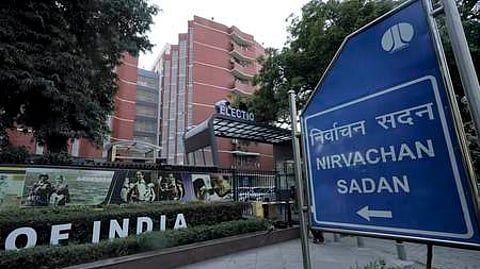 The signboard of 'Nirvachan Sadan' outside the Election Commission of India (ECI) headquarters in New Delhi.