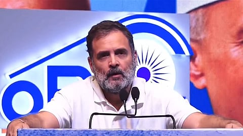 Congress MP and Leader of Opposition in the Lok Sabha Rahul Gandhi addresses the party's OBC outreach event 'Bhaagidari Nyay Sammelan' in New Delhi on Friday, July 25, 2025.