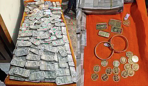 Piles of cash (left) along with four gold biscuits and 16 gold coins were recovered by the anti-corruption agency.