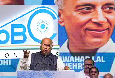 Congress president Mallikarjun Kharge addresses party's OBC Leadership - 'Bhagidari Nyay Mahasammelan', at Talkatora Stadium, in New Delhi, Friday, July 25, 2025.