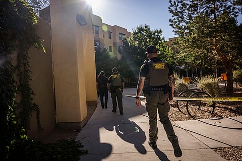 Authorities investigate a deadly shooting at Casas del Rio (Gila), a student housing center at the University of New Mexico Central Campus. early Friday, July 25, 2025 in Albuquerque, N.M.