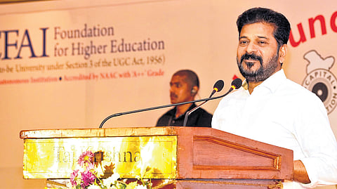 Chief Minister A Revanth Reddy speaks at the ICFAI & Capital Foundation Society-S Jaipal Reddy Memorial Award function in Hyderabad on Saturday.