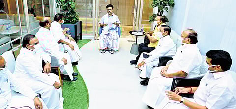Chief Minister MK Stalin is holding a discussion with senior DMK leaders at the Apollo Hospitals in Chennai on Saturday