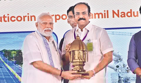 TN Minister Thangam Thennarasu presented a replica of Chennai’s Valluvar Kottam to Prime Minister Modi in Thoothukudi on Saturday