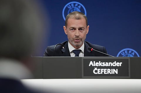UEFA President Aleksander Ceferin speaks during a press conference after the 49th ordinary UEFA congress, in Belgrade, Serbia, April 3, 2025.