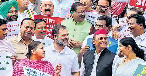 INDIA bloc leaders during a protest against the Special Intensive Revision (SIR) of electoral rols in Bihar.