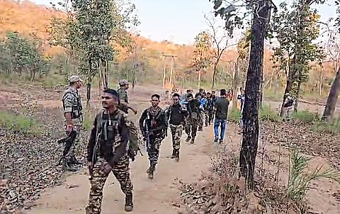Security forces in the forest area along the Dantewada border, in Chhattisgarh's Bijapur.