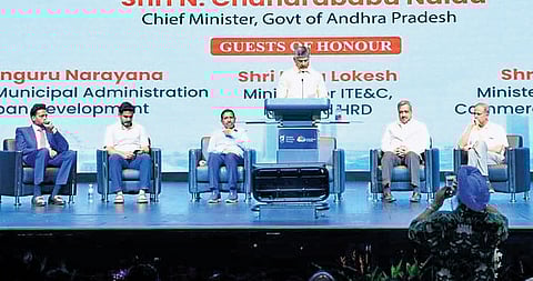 CM Nara Chandrababu Naidu addressing the Telugu diaspora in Singapore.