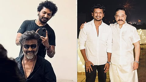 (L) Lokesh Kanagaraj with Rajinikanth; (R) The director with Kamal Haasan