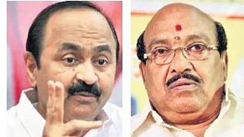 Kerala LoP VD Satheesan (L) and SNDP Yogam general secretary Vellappally Natesan.