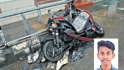 The scooter that was hit by a private bus; (Inset) Govind Sudhindranath Shenoy