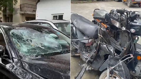 Mangled remains of the two-wheeler and the BMW involved in the accident in Noida on Saturday.