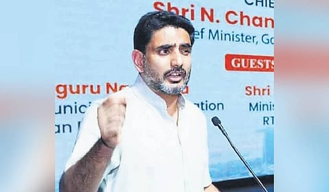 AP IT minister Nara Lokesh speaking at the Telugu diaspora meet organised by APNRT at the OVIS Auditorium in Singapore,