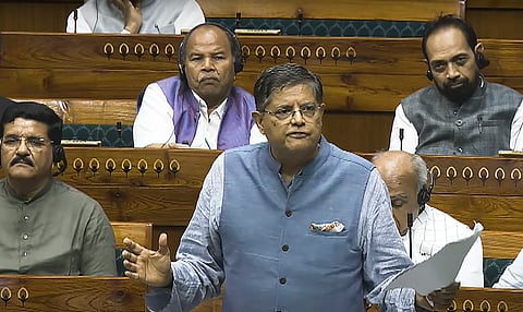 BJP MP Baijayant Panda speaks during a debate in the Lok Sabha on the Pahalgam terror attack and Operation Sindoor, at the Monsoon session of Parliament, in New Delhi, Monday, July 28, 2025.