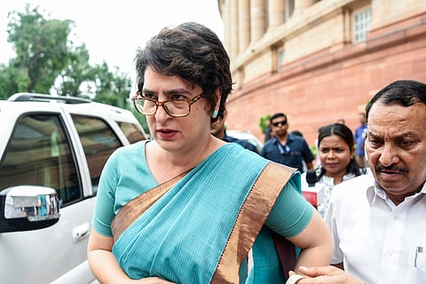 Congress MP Priyanka Gandhi arrives for the Monsoon Session of Parliament, in New Delhi on Monday.