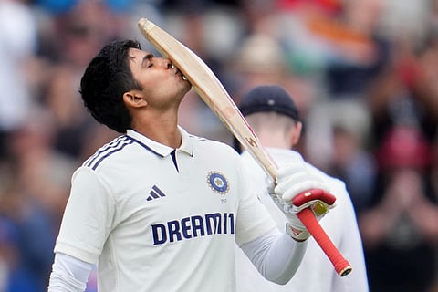India's captain Shubman Gill celebrates after scoring a century on the final day of the fourth cricket test match between England and India at Emirates Old Trafford, Manchester, England, July 27, 2025.
