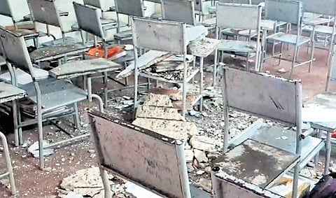 The debris of collapsed ceiling at MGM Hospital, Warangal on Monday