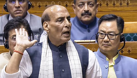 : Defence Minister Rajnath Singh speaks during a debate in the Lok Sabha on the Pahalgam terror attack and Operation Sindoor, at the Monsoon session of Parliament, in New Delhi, Monday, July 28, 2025.