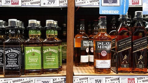 Bottles of spirits are labeled with a star in Bilka in Randers, Denmark, making it easier for customers to buy European goods, Monday, March 17, 2025
