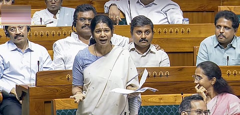 DMK MP Kanimozhi Karunanidhi speaks during a debate in the Lok Sabha on the Pahalgam terror attack and Operation Sindoor, at the Monsoon session of Parliament, in New Delhi, Tuesday, July 29, 2025.