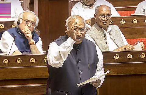 LoP in the Rajya Sabha Mallikarjun Kharge speaks during a debate in the House on the Pahalgam terror attack and Operation Sindoor, at the Monsoon session of Parliament, in New Delhi, Tuesday, July 29, 2025.
