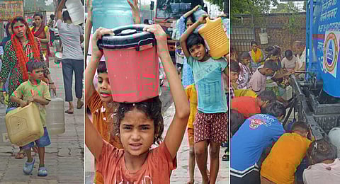 Residents of Chilla village queue up before water tankers with jerrycans, pots, and bottles, to secure their daily share of water.