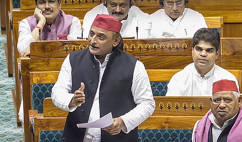Samajwadi Party MP Akhilesh Yadav speaks during a debate in the Lok Sabha on the Pahalgam terror attack and Operation Sindoor, at the Monsoon session of Parliament, in New Delhi, Tuesday, July 29, 2025.