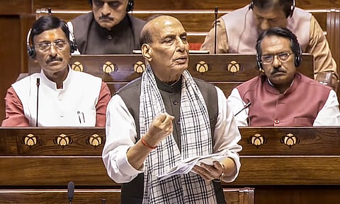 Defence Minister Rajnath Singh speaks during a debate in the Rajya Sabha on the Pahalgam terror attack and Operation Sindoor, at the Monsoon session of Parliament, in New Delhi.