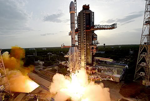 ISRO's launch vehicle GSLV-F16 carrying the NISAR earth observation satellite lifts off from the launch pad at the Satish Dhawan Space